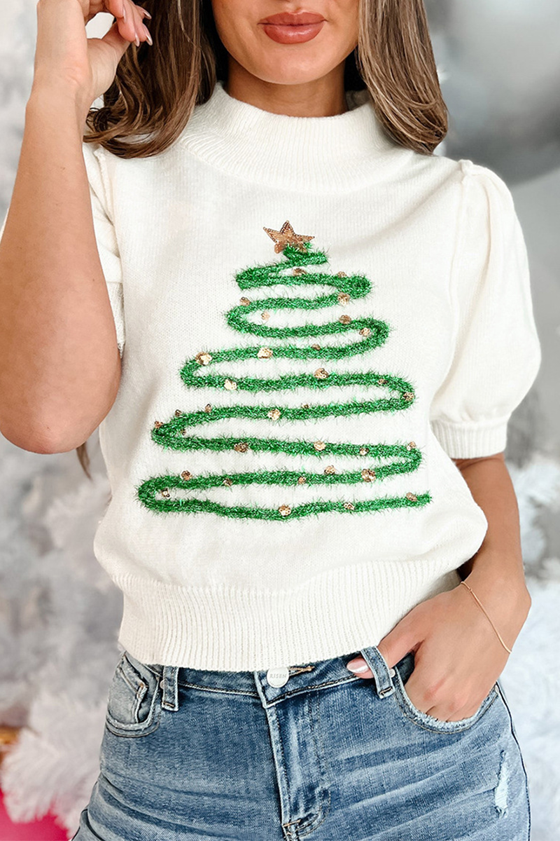 Casual Christmas Tree Sequins Patchwork Half A Turtleneck Sweaters