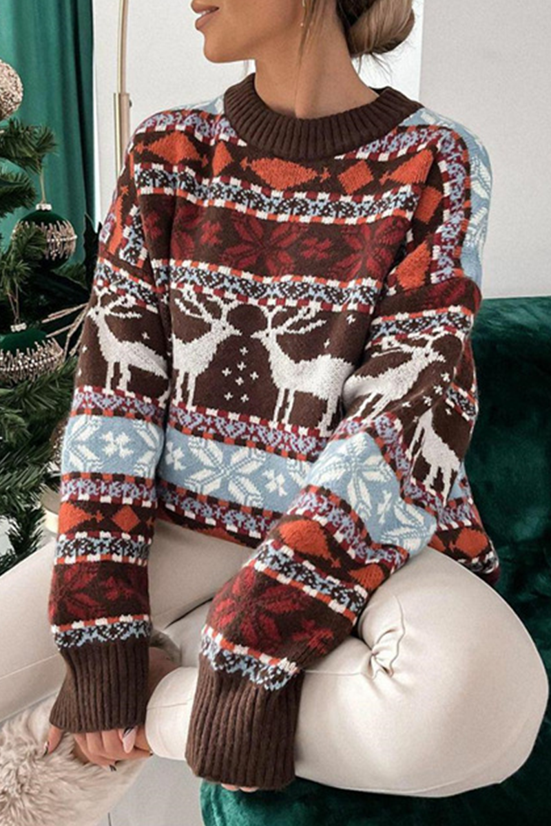 Casual Wapiti Snowflakes Weave Contrast O Neck Sweaters(3 Colors)