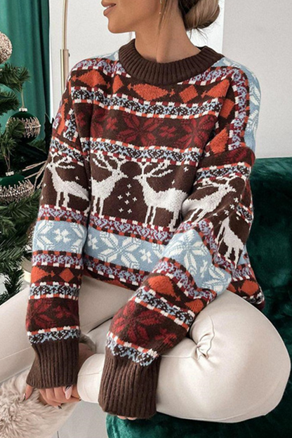 Casual Wapiti Snowflakes Weave Contrast O Neck Sweaters(3 Colors)