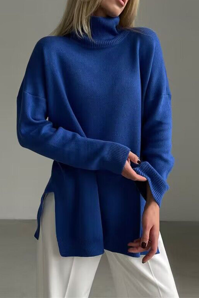 Casual Solid Color Slit Turtleneck Sweaters(8 Colors)