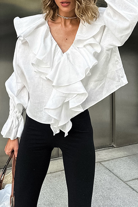 Casual Solid Color Ruffle V Neck Tops