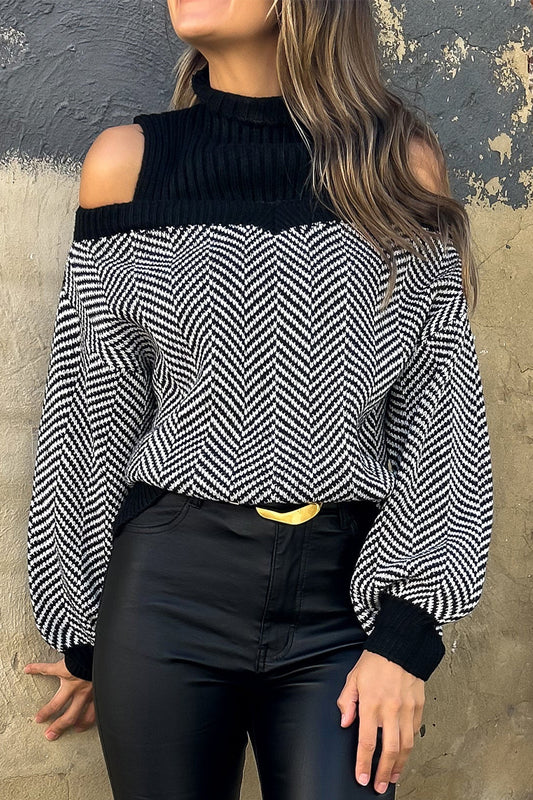 Casual Stripe Weave Contrast Half A Turtleneck Tops