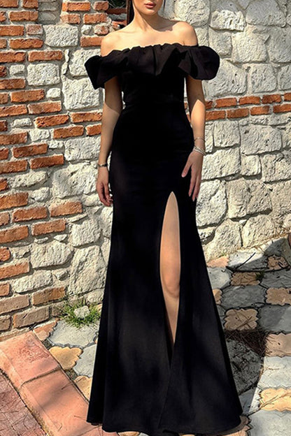 Elegant Solid Color Patchwork Backless High Slit Off Shoulder Long Dresses