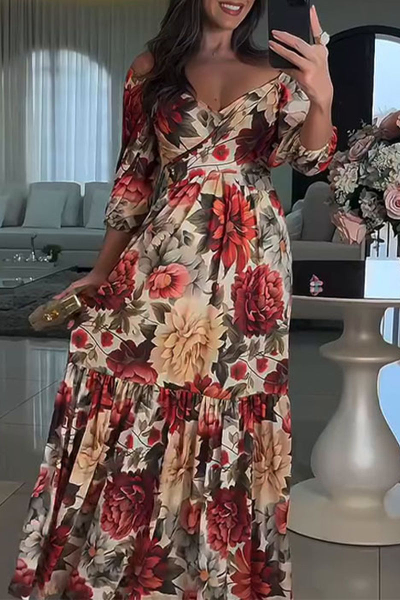 Sexy Floral Print Cross Straps V Neck A Line Dresses