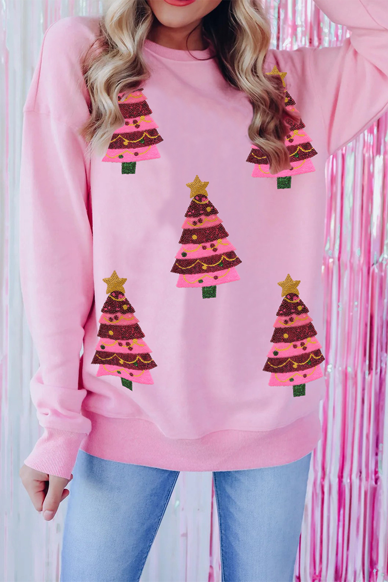 Casual Christmas Tree Embroidered Sequins O Neck Sweats