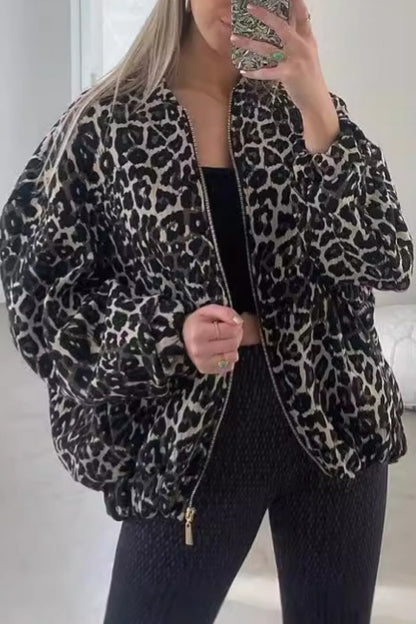 Casual Leopard Print Patchwork Zipper Collar Outerwear