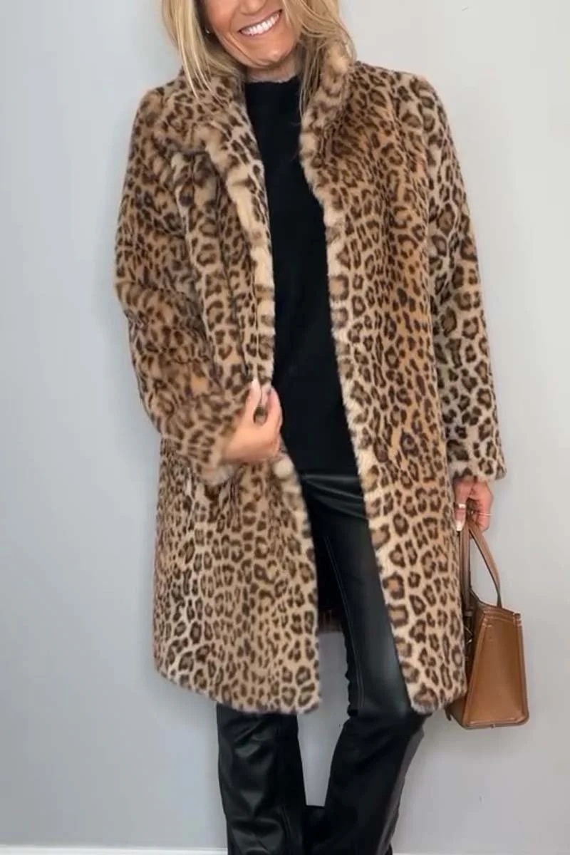 Casual Leopard Patchwork Fluffy Turndown Collar Outerwear(5 Colors)