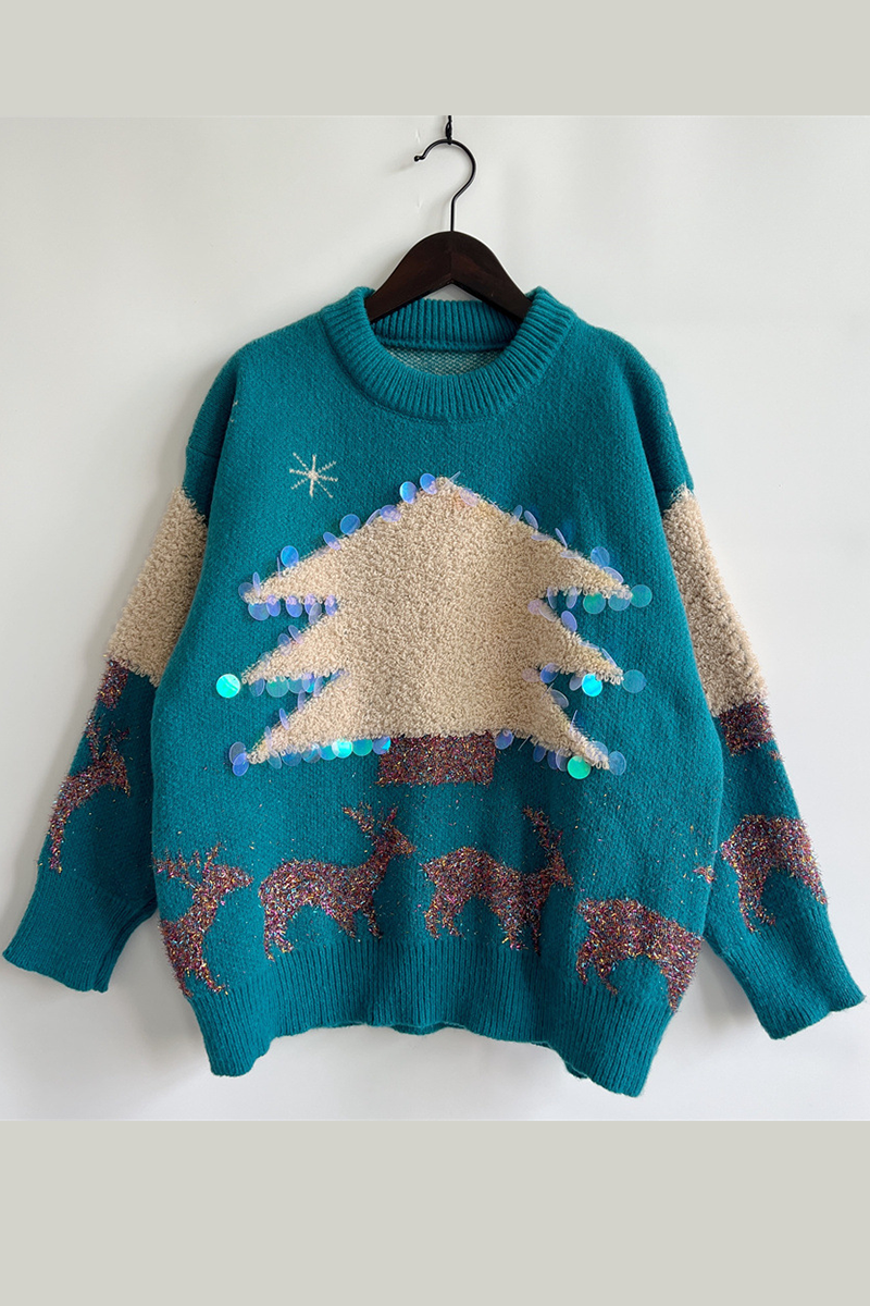 Casual Christmas Tree Sequins Patch O Neck Sweaters