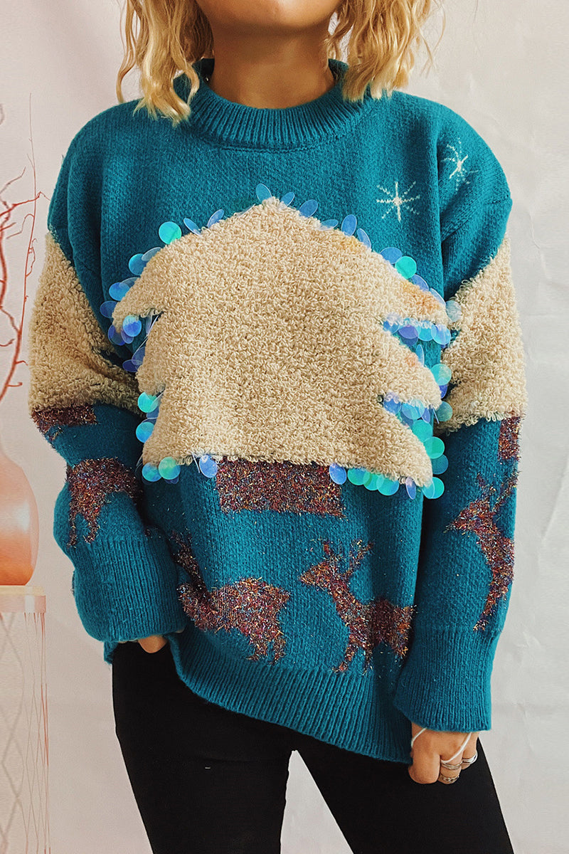 Casual Christmas Tree Sequins Patch O Neck Sweaters