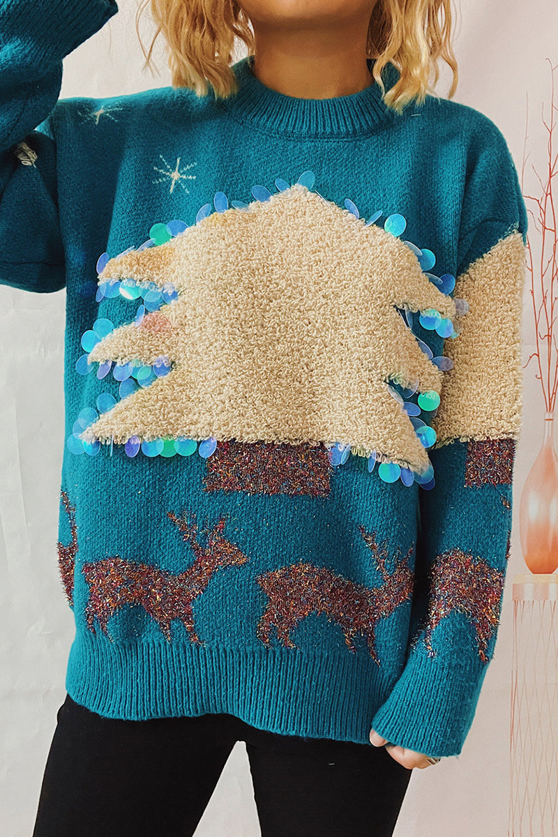 Casual Christmas Tree Sequins Patch O Neck Sweaters