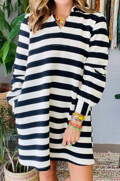 Casual Stripe Pocket Patchwork Contrast Turndown Collar Long Sleeve Dresses