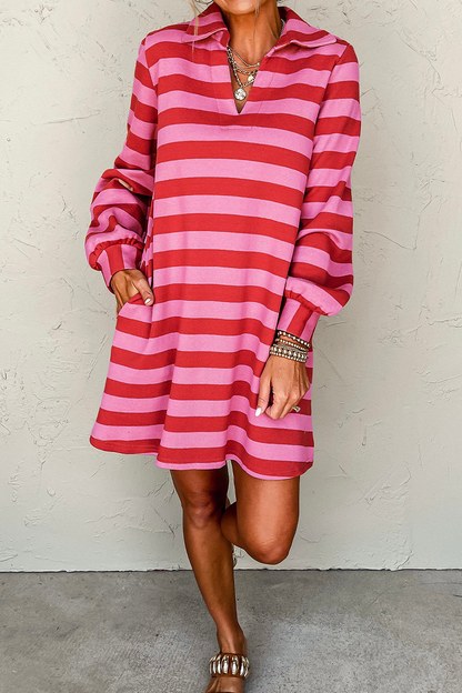 Casual Stripe Pocket Patchwork Contrast Turndown Collar Long Sleeve Dresses