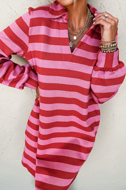 Casual Stripe Pocket Patchwork Contrast Turndown Collar Long Sleeve Dresses