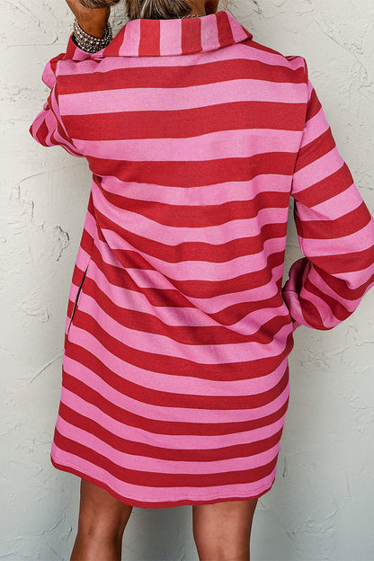 Casual Stripe Pocket Patchwork Contrast Turndown Collar Long Sleeve Dresses