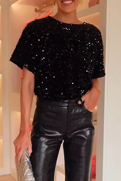 Casual Sequins Sequined O Neck T-Shirts