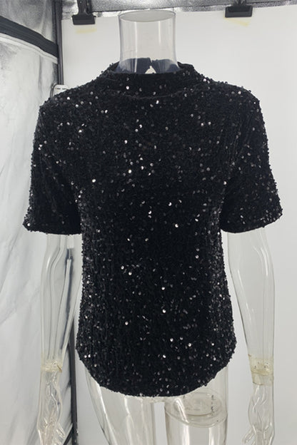 Casual Sequins Sequined O Neck T-Shirts