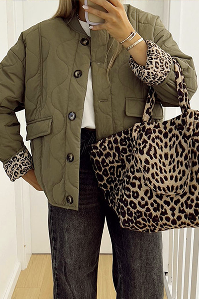 Casual Buttons Leopard O Neck Outerwear