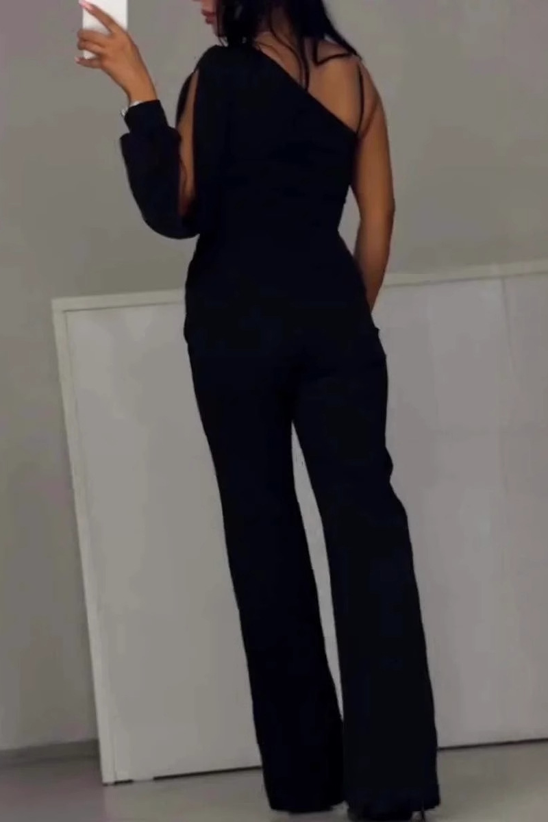 Sexy See-Through Mesh Sloping Shoulder Regular Jumpsuits(2 Colors)