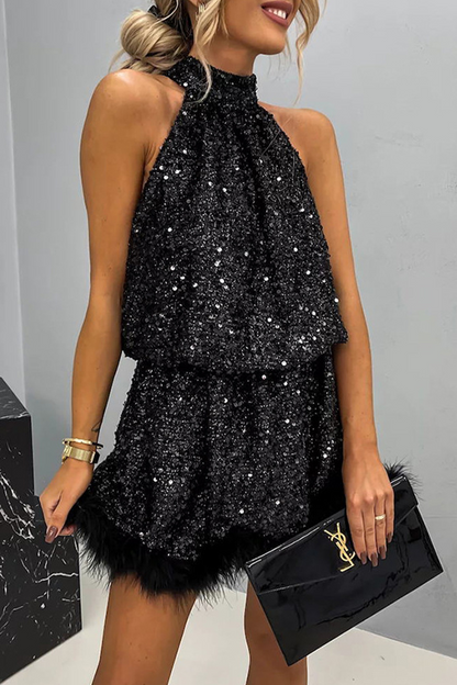 Sexy Solid Sequins Frenulum Half A Turtleneck Sleeveless Dress Dresses