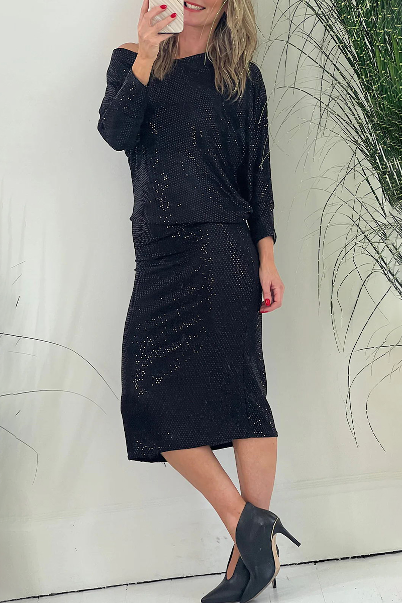 Party Solid Sequins Oblique Collar Long Sleeve Dresses