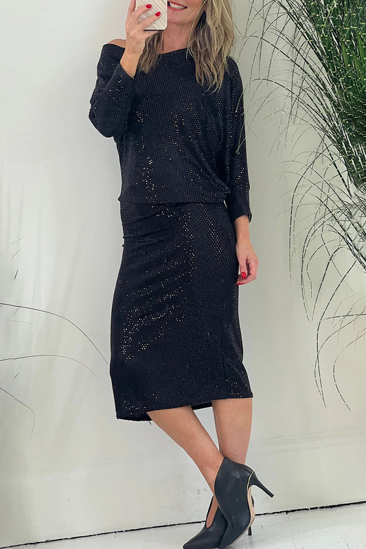 Party Solid Sequins Oblique Collar Long Sleeve Dresses