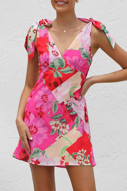 Sexy Vacation Floral Print Heart Shaped Lace Up V Neck Printed Dresses