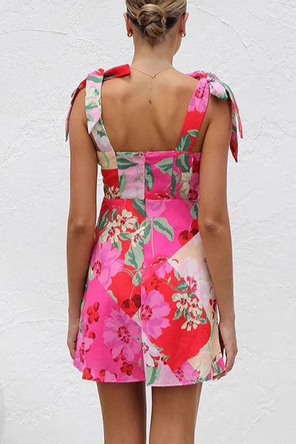 Sexy Vacation Floral Print Heart Shaped Lace Up V Neck Printed Dresses