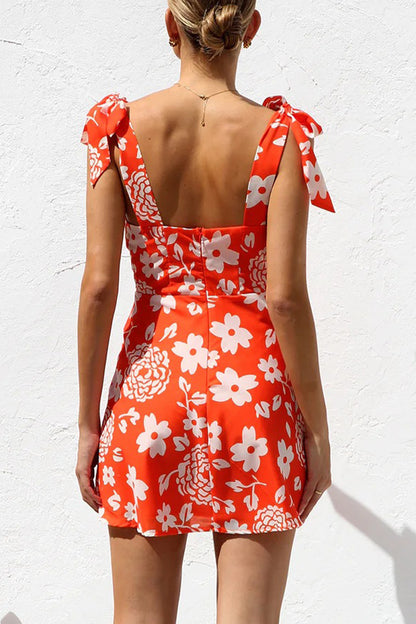 Sexy Vacation Floral Print Heart Shaped Lace Up V Neck Printed Dresses