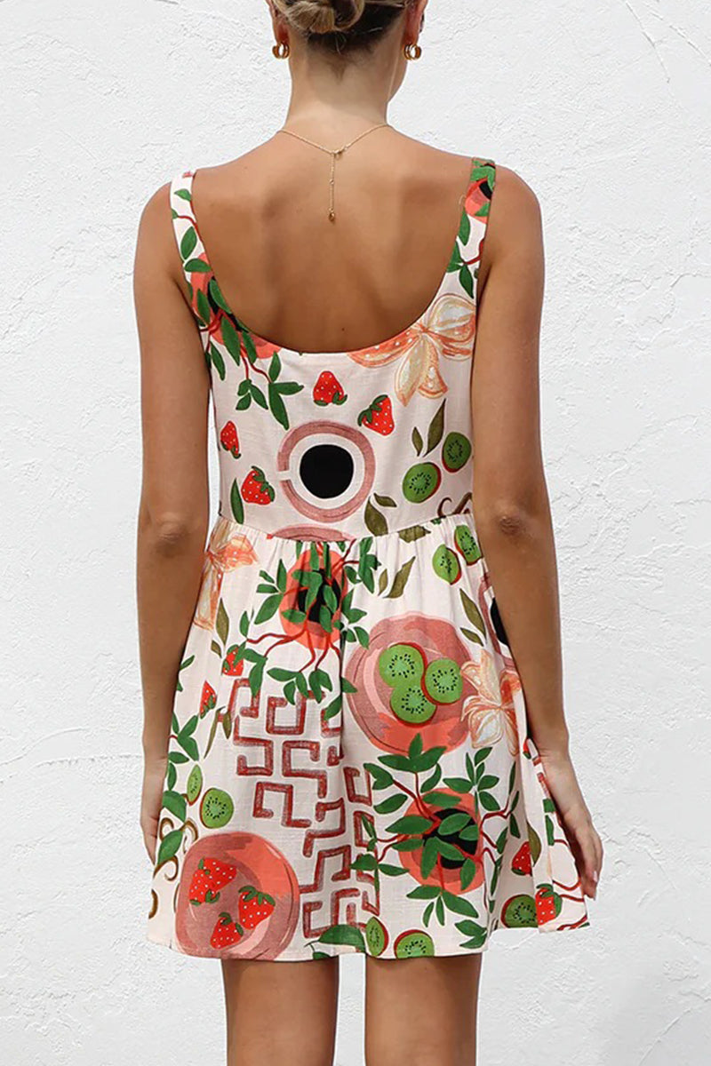 Sexy Vacation Floral Print Buttons Contrast U Neck Sling Dresses