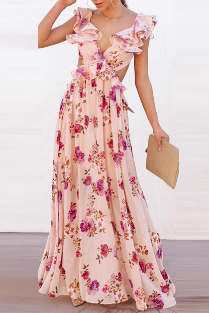 Sexy Vacation Floral Print Lace Up Chains Ruffle V Neck Long Dresses