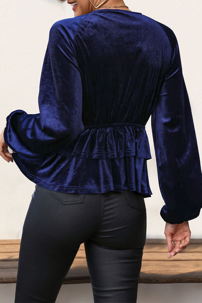 Elegant Solid Color Ruched Velvet V Neck Tops