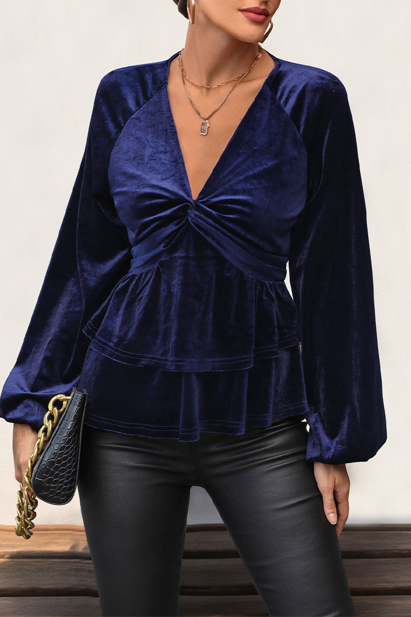 Elegant Solid Color Ruched Velvet V Neck Tops