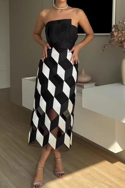 Sexy Plaid Patchwork Irregular Contrast Strapless Strapless Dresses