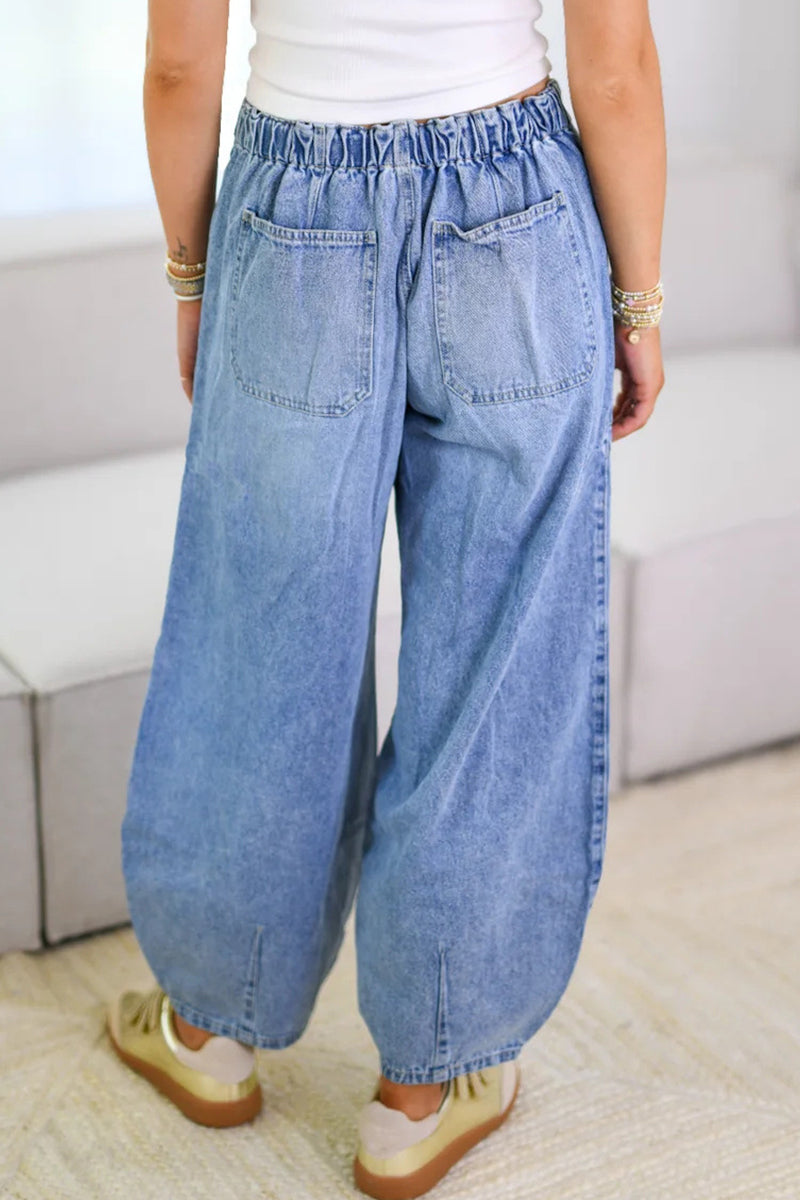 Casual Distressed Pocket Lace Up Mid Waist Loose Denim Jeans