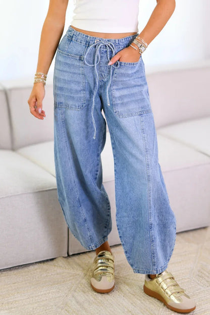 Casual Distressed Pocket Lace Up Mid Waist Loose Denim Jeans