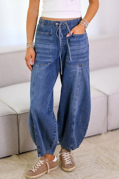 Casual Distressed Pocket Lace Up Mid Waist Loose Denim Jeans