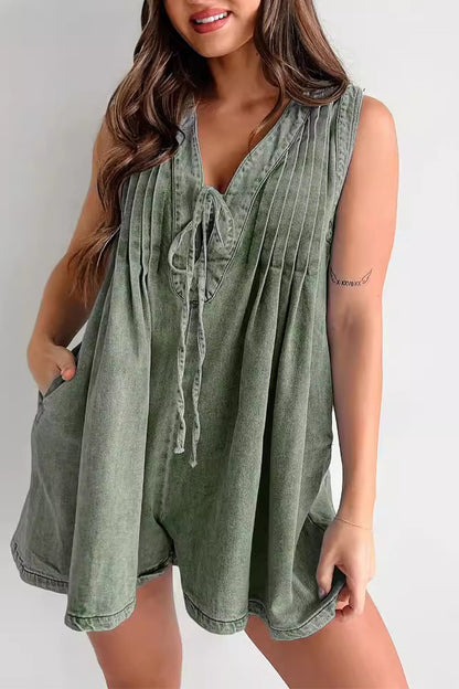 Casual Street Solid Color Pocket Lace Up V Neck Sleeveless Loose Denim Jumpsuits