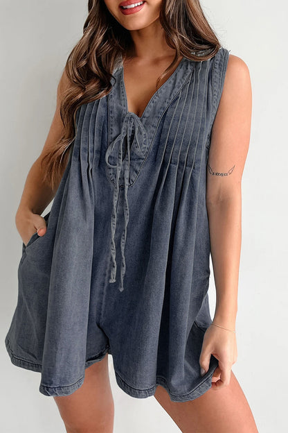 Casual Street Solid Color Pocket Lace Up V Neck Sleeveless Loose Denim Jumpsuits