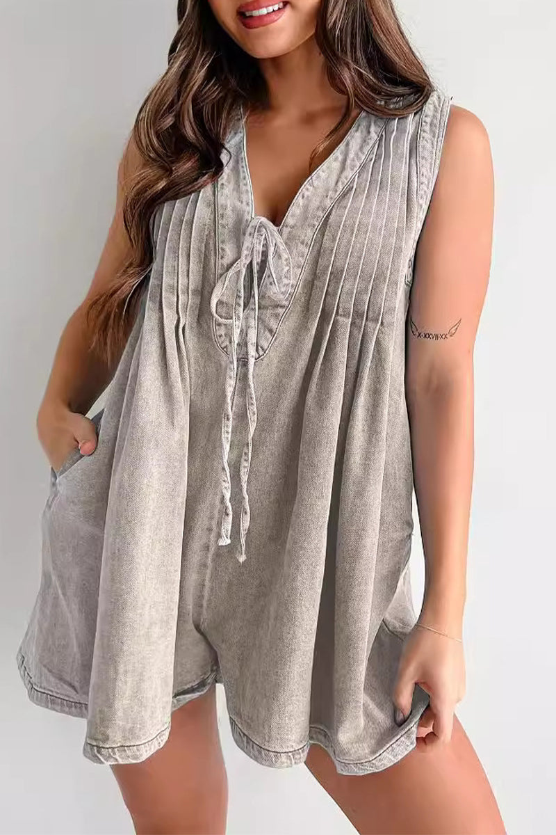 Casual Street Solid Color Pocket Lace Up V Neck Sleeveless Loose Denim Jumpsuits