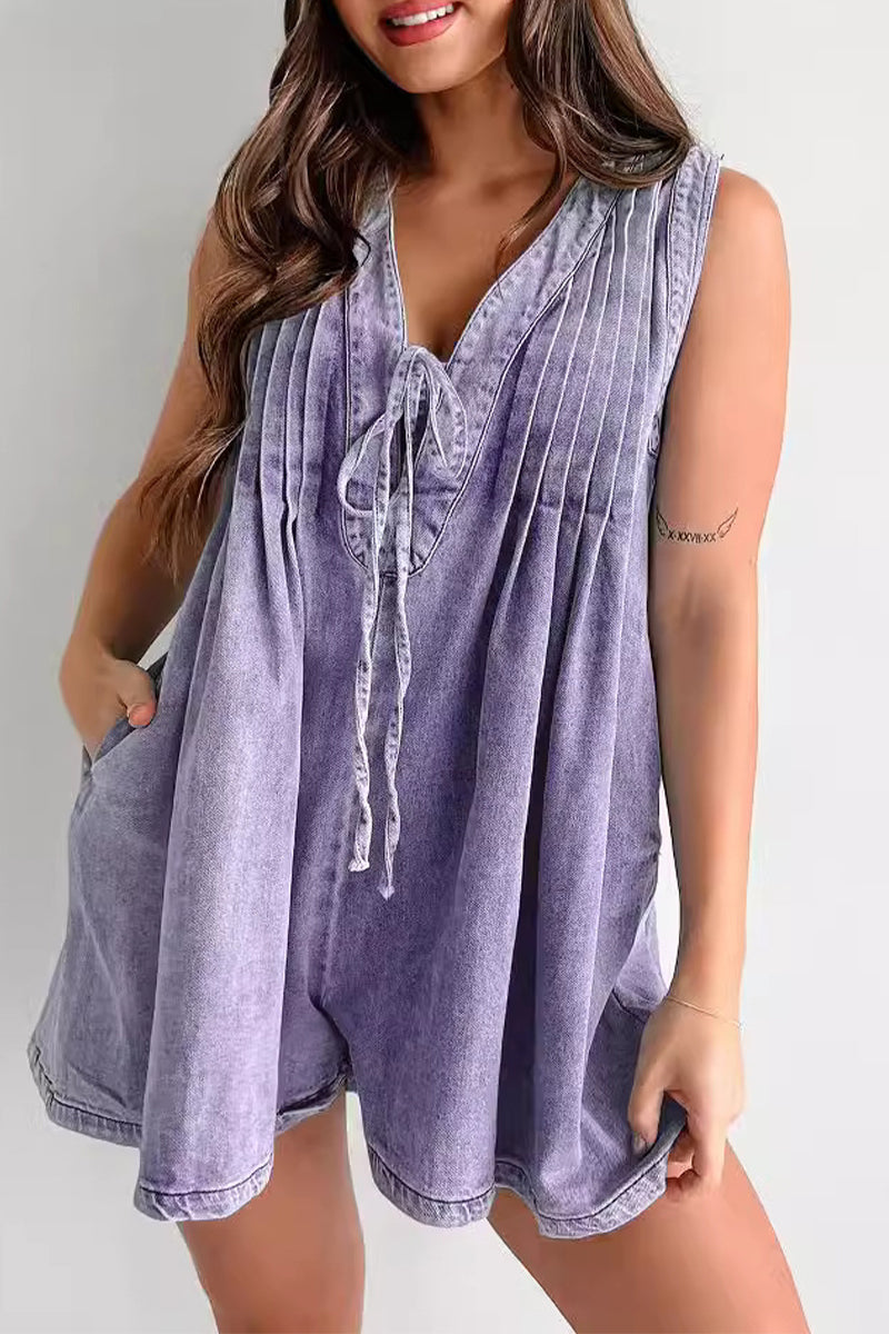 Casual Street Solid Color Pocket Lace Up V Neck Sleeveless Loose Denim Jumpsuits