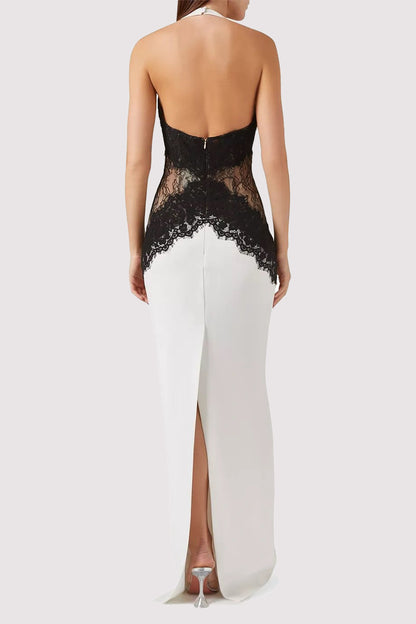 Sexy Solid Color Lace Backless Contrast Halter Long Dresses