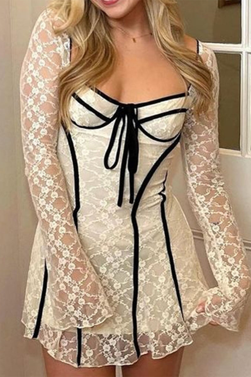 Sexy Solid Color Lace Lace Up Patchwork Square Neck A Line Dresses