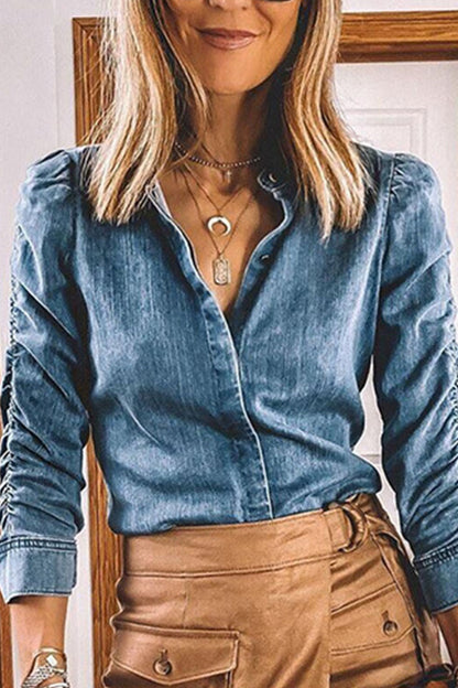 Fashion Street Solid Turndown Collar Long Sleeve Regular Denim