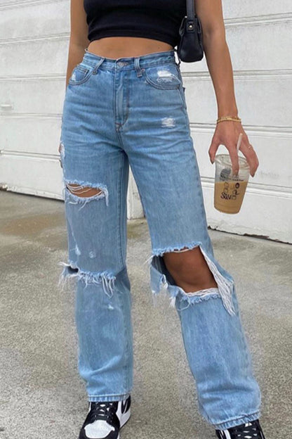 Fashion Sexy Solid Ripped Mid Waist Straight Denim