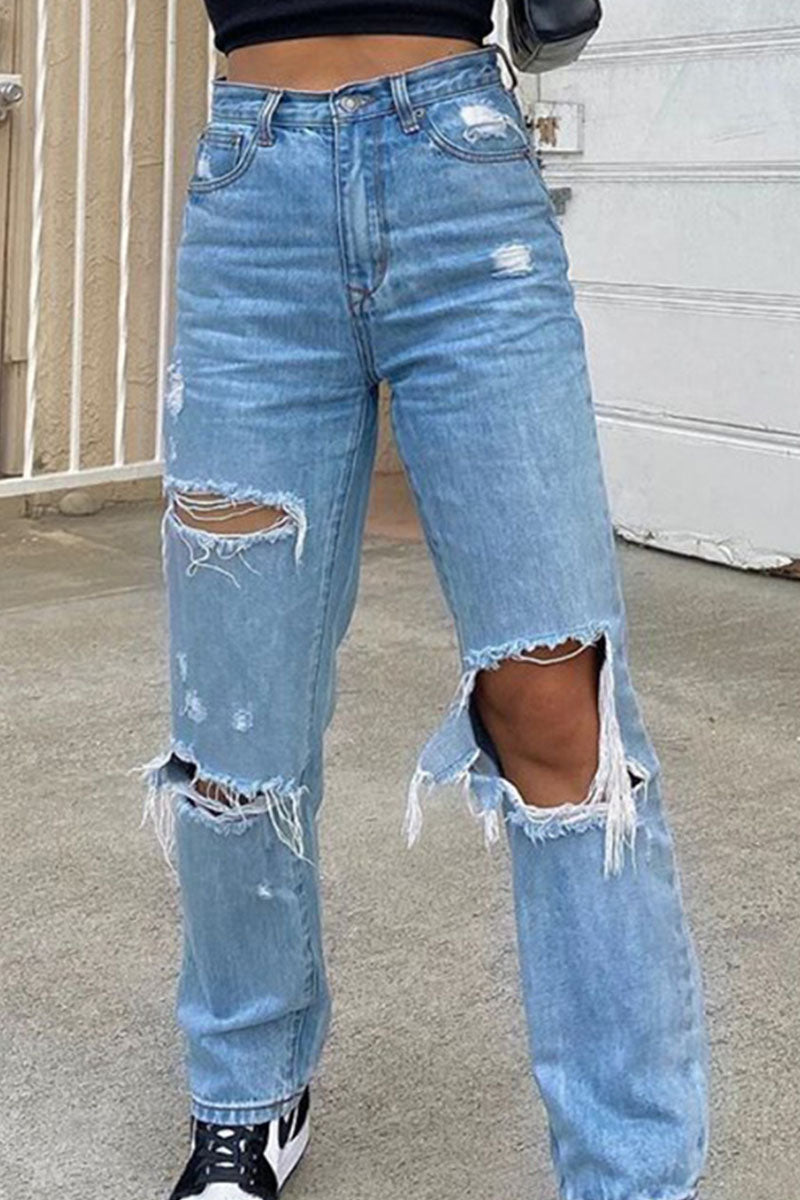 Fashion Sexy Solid Ripped Mid Waist Straight Denim