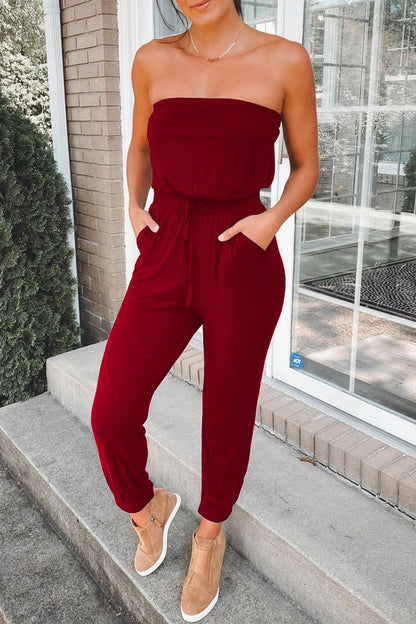 Fashion Street Solid Split Joint Strapless Jumpsuits(3 colors)