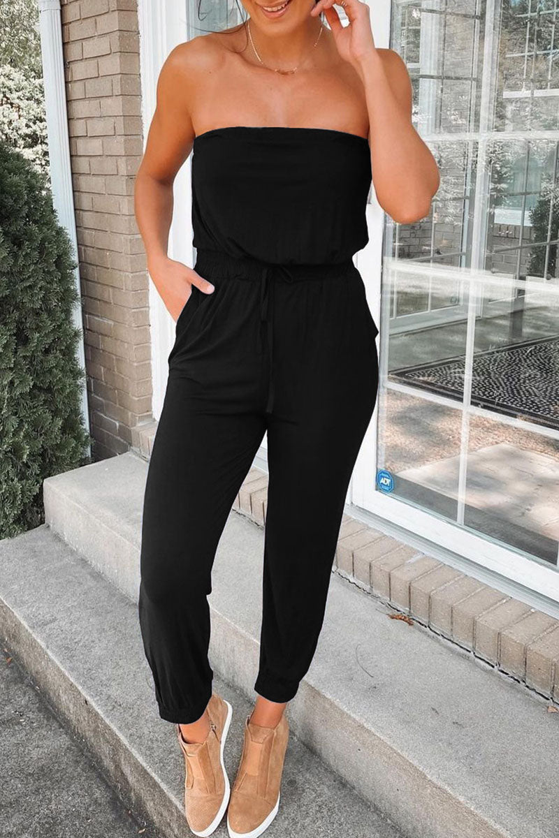 Fashion Street Solid Split Joint Strapless Jumpsuits(3 colors)