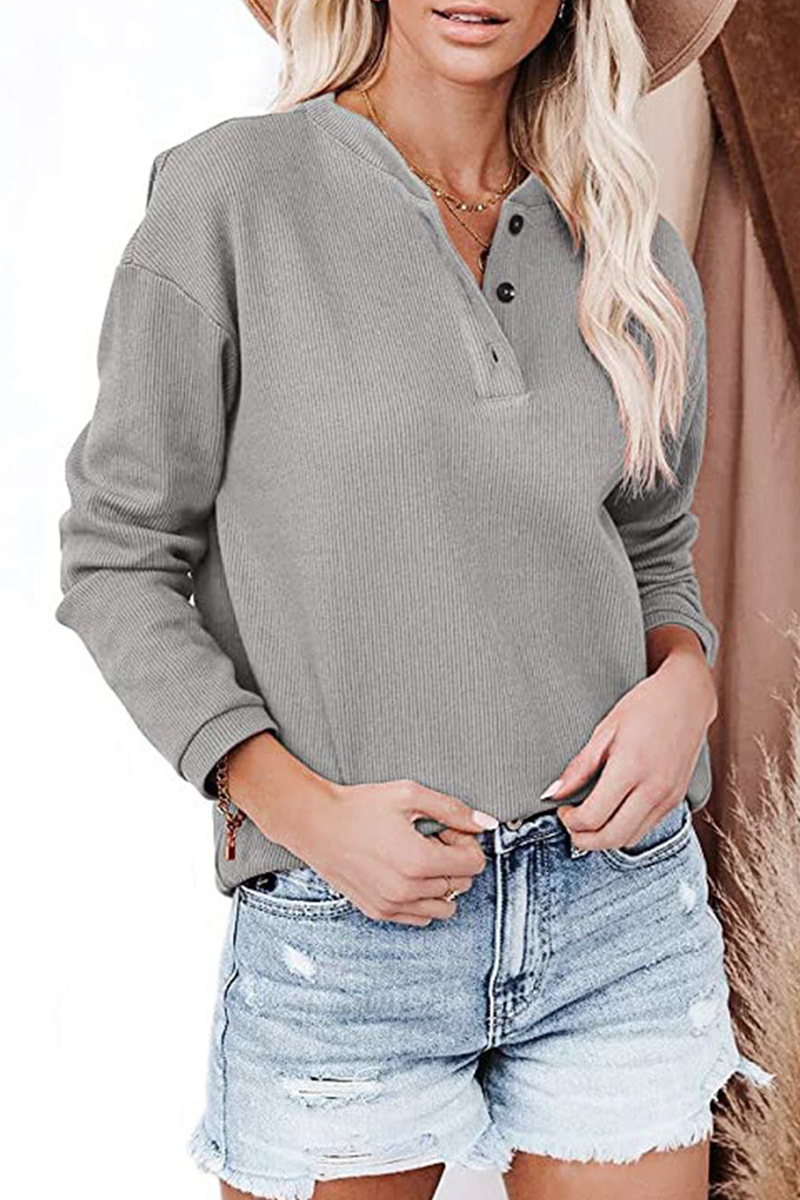 Casual Solid Patchwork Buckle O Neck Tops(6 colors)