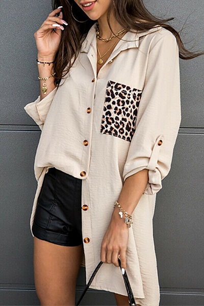 Casual Leopard Patchwork Buckle Turndown Collar Tops(3 colors)