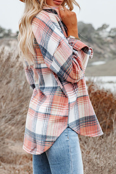 Casual Plaid Buckle Turndown Collar Outerwear